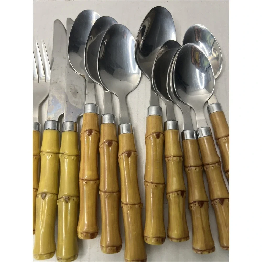 Vtg Faux Bamboo Plastic Handle Stainless Flatware 18 Pcs